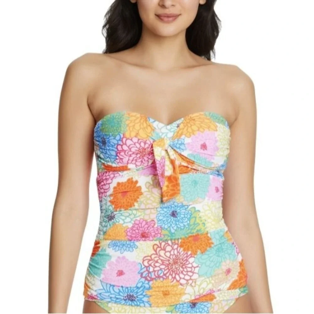 Bleu Rod Beattie Floral Bandeau Tankini Top Multi Color 8 Colorful Beach NWT
